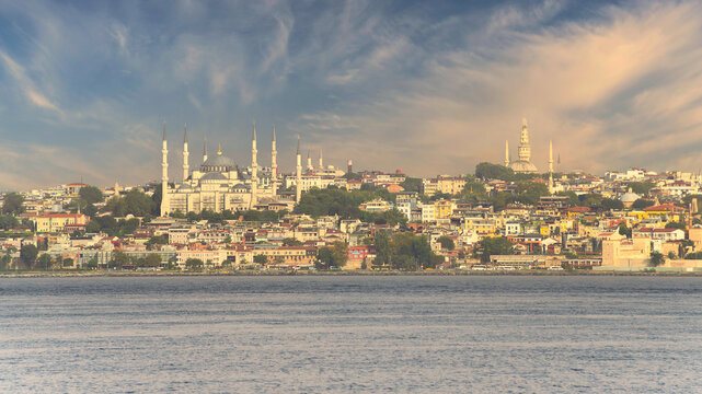 Skyline of Istanbul city, Turkey, from Kadikoy overlooking through Marmara Sea overlooking European side with famous mosques in a summer day