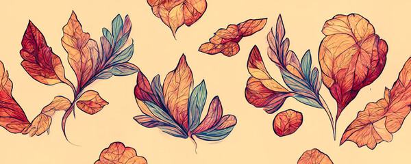 Spectacular various autumnal multicolored leafs for abstract digital art 3D illustration. - obrazy, fototapety, plakaty