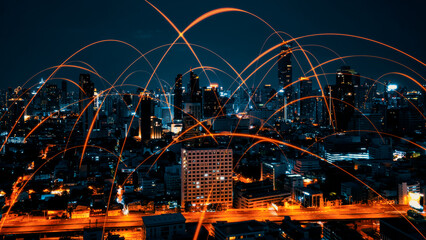 Smart digital city with connection network reciprocity over the cityscape . Concept of future smart wireless digital city and social media networking systems that connects people within the city .