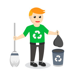 man enviromental activist cleaning with equipment clean design character on white background