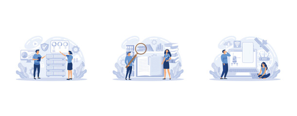 Cloud computing service. Cartoon flat concept design, interface mobile website for database backup storage, online media file upload or download functions, set flat vector modern illustration