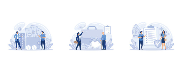 Employee benefits package concept set. Compensation supplementing employee's salary. Worker advantages: overtime, medical insurance, vacation and retirement benefits, set flat vector modern illustrati