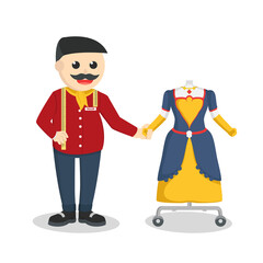 old tailor man presenting gown design character on white background