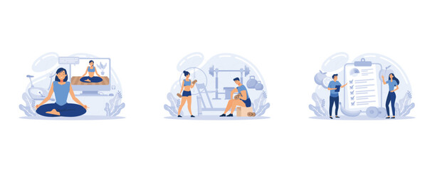 Fitness trainer concept set. Workout in the gym with professional athlete. Healthy and active lifestyle, set flat vector modern illustration