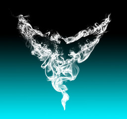 Silhouette of a flying eagle with spread wings in beautiful puffs of smoke. Silhouette of a flying eagle in clouds of smoke with a beautiful gradient.