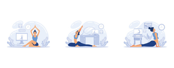 Fototapeta premium Online yoga and meditation. Women doing exercise at home. Home activity and relaxion, set flat vector modern illustration