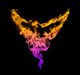 Silhouette of a flying eagle with spread wings in flames, isolated on a black background. Silhouette of a flying eagle on fire with a beautiful gradient. Big size.