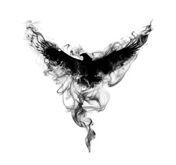 Silhouette of a flying eagle with spread wings in beautiful puffs of black smoke isolated on a white background. Silhouette of a flying eagle in clouds of smoke. - 533070738