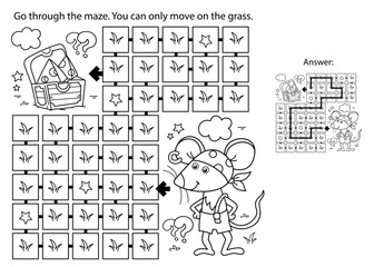 Maze or Labyrinth Game. Puzzle. Coloring Page Outline Of Cartoon little pirate mouse with chest of treasure. Cheese trove. Coloring Book for kids.