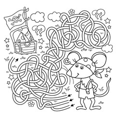 Maze or Labyrinth Game. Puzzle. Tangled road. Coloring Page Outline Of Cartoon little pirate mouse with chest of treasure. Cheese trove. Coloring Book for kids.