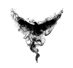Silhouette of a flying eagle with spread wings in beautiful puffs of black smoke isolated on a white background. Silhouette of a flying eagle in clouds of smoke.