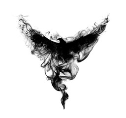 Silhouette of a flying eagle with spread wings in beautiful puffs of black smoke isolated on a white background. Silhouette of a flying eagle in clouds of smoke. - 533070748