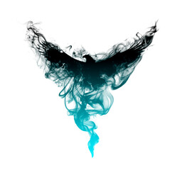 Silhouette of a flying eagle with spread wings in beautiful puffs of smoke isolated on a white background. Silhouette of a flying eagle in clouds of smoke with a beautiful gradient.