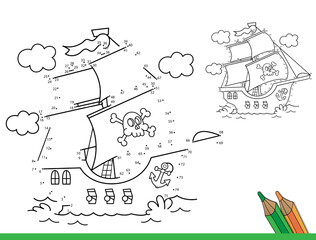 Puzzle Game for kids: numbers game. Coloring Page Outline Of cartoon pirate ship. Sailboat with black sails with skull in sea. Coloring Book for children.