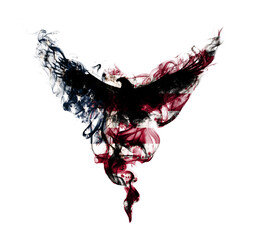 Usa grunge flag in the form of a silhouette of a flying eagle with spread wings in puffs of smoke isolated on a white. American flag in the form of a silhouette of a flying eagle in clouds of smoke.
