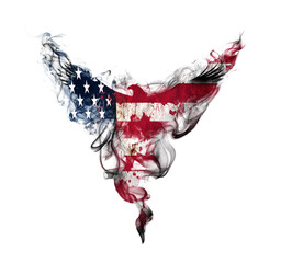 Usa grunge flag in the form of a silhouette of a flying eagle with spread wings in puffs of smoke isolated on a white. American flag in the form of a silhouette of a flying eagle in clouds of smoke. - 533070778