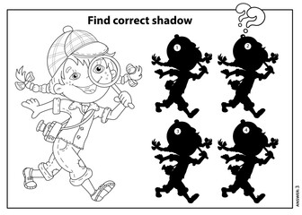 Fototapeta premium Puzzle Game for kids. Find correct shadow. Coloring Page Outline Of a cartoon girl detective with loupe. Coloring book for children.