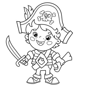 Coloring Page Outline Of Cartoon pirate with map of treasure. Coloring book for kids.