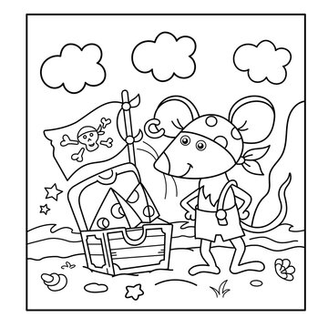 Coloring Page Outline Of cartoon little pirate mouse with chest of treasure. Cheese trove. Coloring Book for kids.