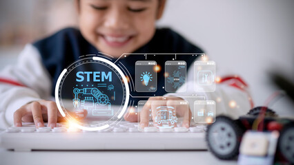 STEM school kids learning education technology building robot car creative ideas construction development programming analysis, graphical icons UI screen