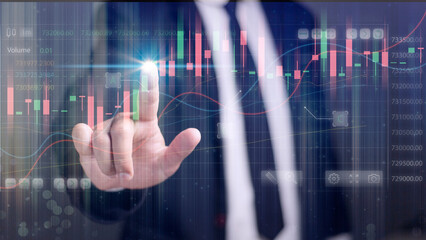 planning analyze indicator and strategy buy and sell, Stock market, Business growth, progress or success concept. Businessman or trader is pointing a growing virtual hologram stock, invest in trading