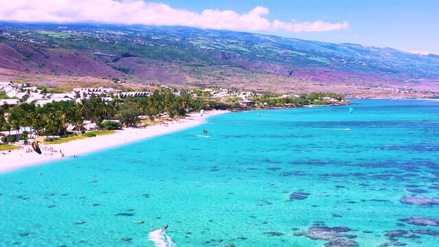 Aerial view of kitesurfing at Plage de la Saline, Reunion Island.