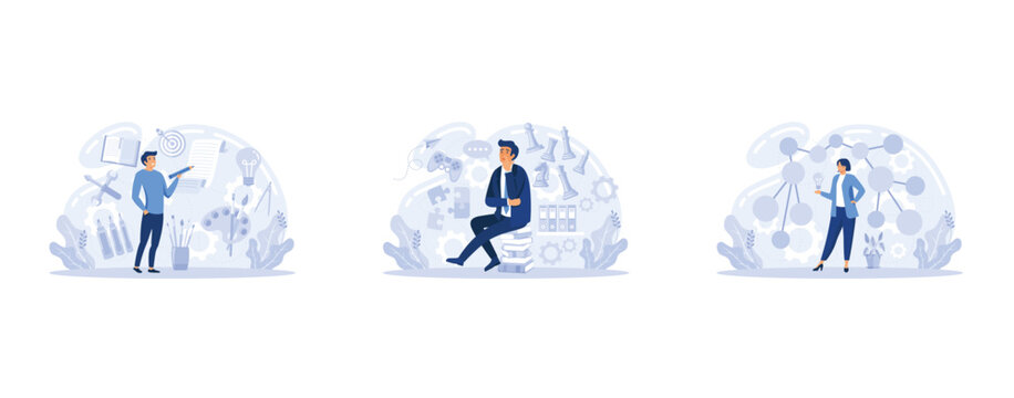 Creative thinking. People with different mental mindset types or model creative. Imaginative logical and structural thinking. MBTI person metaphor. Mind behavior concept, set flat vector modern illust