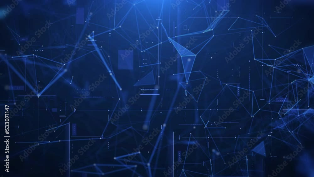 Aufkleber Abstract low poly digital data cyber security network technology on HUD interface system 4K loop motion background.
