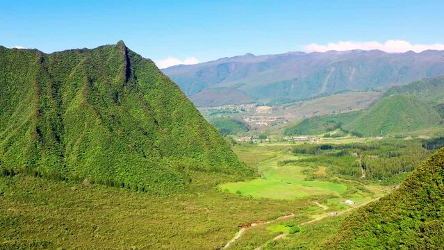 Aerial view of forest and mountains, Col de Bebour, Reunion Island.