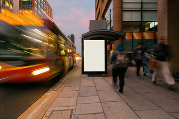 Outdoor advertising bus shelter with foot traffic - obrazy, fototapety, plakaty