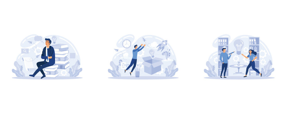 Creative thinking. People with different mental mindset types or models creative. Imaginative non standard solution thinking. MBTI person metaphor. Mind behavior concept, set flat vector modern illust