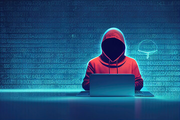 Hacking and malware concept. Faceless hacker using abstract laptop with binary code digital interface.