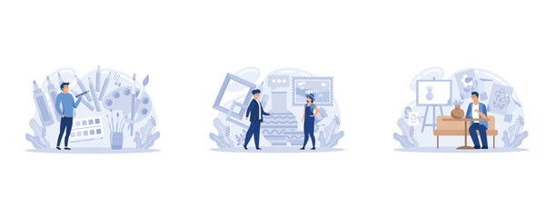 Visual art composition set with drawing training , set flat vector modern illustration