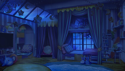 Game Art Fantasy interior bedroom design with summer beach and winter star theme with the light off at midnight, Digital CG Artwork, Vtuber background, Anime background	
