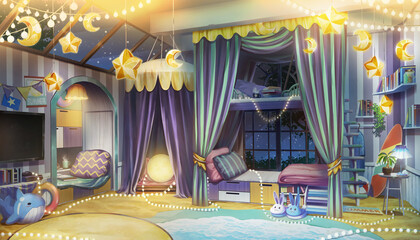 Game Art Fantasy interior bedroom design with summer beach and winter star theme with the light on, Snowing on the outside, Digital CG Artwork, Vtuber background, Anime background 