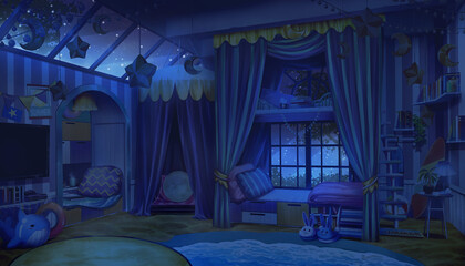 Game Art Fantasy interior bedroom design with summer beach and winter star theme with the light off, Snowing on the outside, Digital CG Artwork, Vtuber background, Anime background 