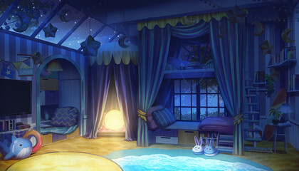 Game Art Fantasy interior bedroom design with summer beach and winter star theme with the moon lamp turns on, Snowing on the outside, Digital CG Artwork, Vtuber background, Anime background