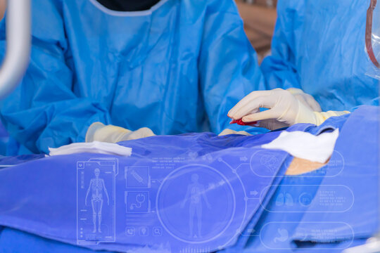 surgeon team working in operating room, Stem cells operation, Plasma in syringe, Health care concept.