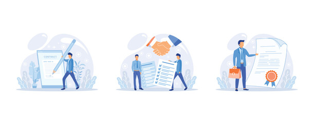 Electronic contract, agreement conditions, legal document e-signature on document in paper sheet or at tablet screen with stylus pen and padlock, set flat vector modern illustration