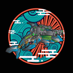 Obraz premium robot shark illustration design with retro japanese style background