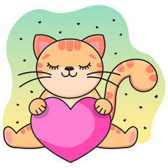 A gray smiling cat holds a red heart in its paws. Childrens print. Vector illustration