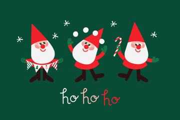 Set of vector Santas with garland, snowballs and candy cane. 
New Year card with three gnomes in red hats. Handwritten lettering Ho ho ho. Christmas greeting postcard in red and green colors.