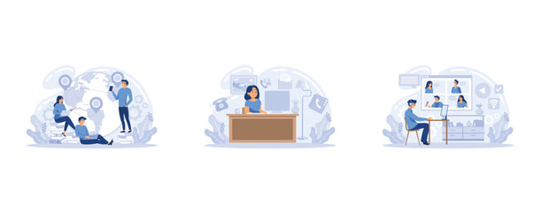 Distance working, Outsourcing, work home office, online conference, freelance job, team digital meeting, IT business, set flat vector modern illustration