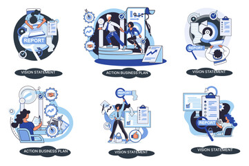 Business intelligence action business plan. Strategic planning automation process. Mission rules vision statement competitive intelligence, goals action plan, loyalty abstract metaphor, teamwork set