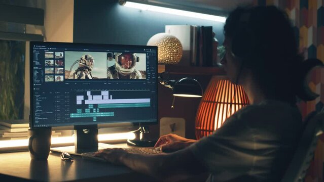 Guy in headphones editing video with astronauts for space blog in professional program while working remotely on computer at home