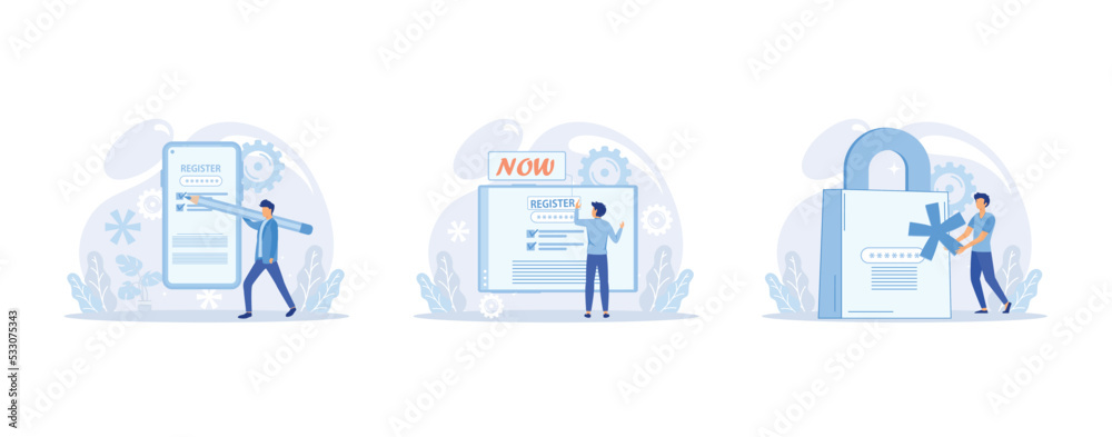 Poster people using secure login and password, account data authorization. characters use personal data sec