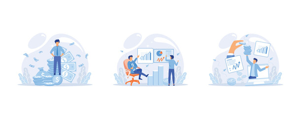 Capital gain, net income, monetary profit and growing graph up. Economic growth, income from investments. Metaphor of business success, set flat vector modern illustration
