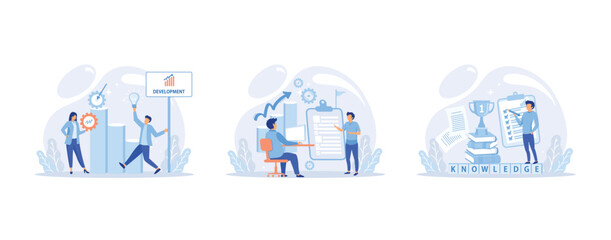 Help in professional development. Qualified employee training program. Learning for software development and growth. Agile project management devOps team, project life scrum meeting, set flat vector m
