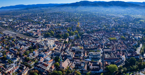 Aerial view around the old town of the city Offenburg in Germany on a sunny morning