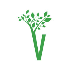 Fototapeta na wymiar Green letter V with the branch of a tree ornament. For initial logo and brand identity.